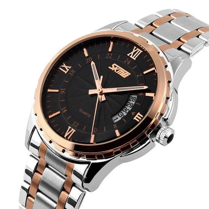 SKMEI Waterproof Gold Quartz Watch for Outdoor Activities - gold and silver stainless steel men's quartz watch with black dial, luminous hands, date window