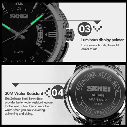 SKMEI Waterproof Gold Quartz Watch for Outdoor Activities showing luminous hands and 30M water resistant stainless steel back