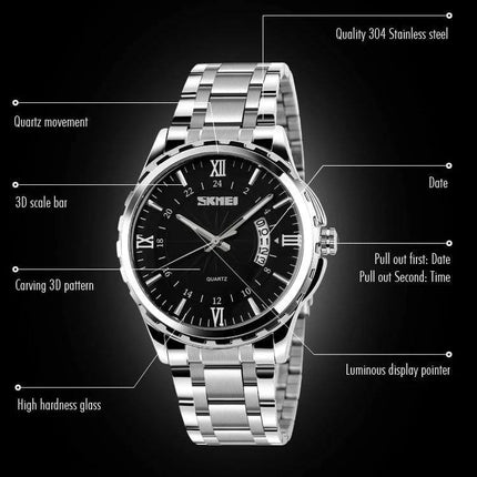 SKMEI Waterproof Gold Quartz Watch for Outdoor Activities - gold-tone waterproof quartz wristwatch with luminous hands, date window and stainless steel band