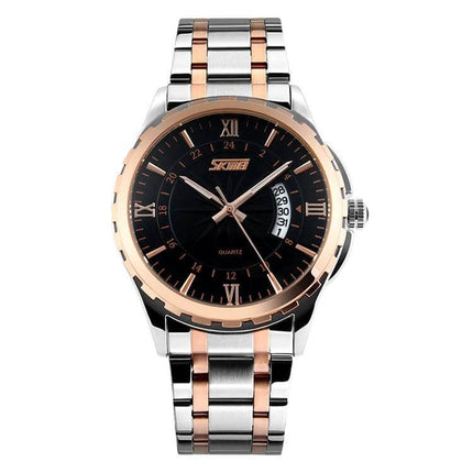 SKMEI Waterproof Gold Quartz Watch for Outdoor Activities - two-tone gold silver men’s watch with luminous hands and date window, 30M water resistant