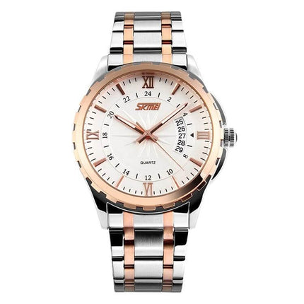 SKMEI Waterproof Gold Quartz Watch for Outdoor Activities - stainless steel two-tone watch with luminous hands and 30m water resistance