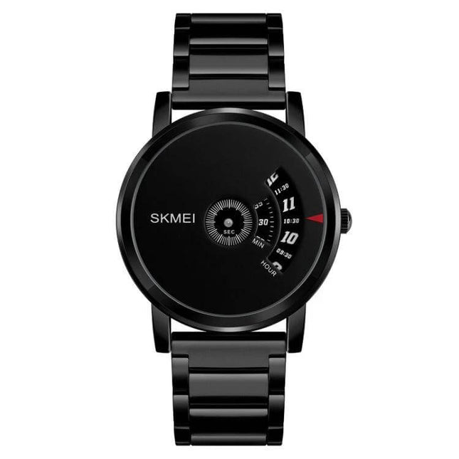 SKMEI Waterproof Fashion Stainless Steel Wrist Watch black minimalist dial with stainless steel band, water-resistant quartz timepiece