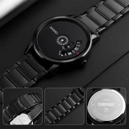 SKMEI Waterproof Fashion Stainless Steel Wrist Watch black stainless steel quartz timepiece, water-resistant up to 30m, sleek minimalist dial