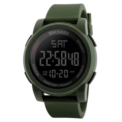 SKMEI Men's Outdoor Waterproof Digital Sports Watch in green with round digital display showing time, day and alarm indicators