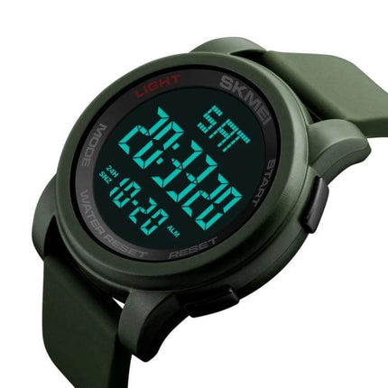 SKMEI Men's Outdoor Waterproof Digital Sports Watch green digital display showing time, day and alarm indicators