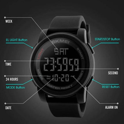 SKMEI Men's Outdoor Waterproof Digital Sports Watch front view with labeled buttons, time display, EL light, mode, start/stop, reset and waterproof feature
