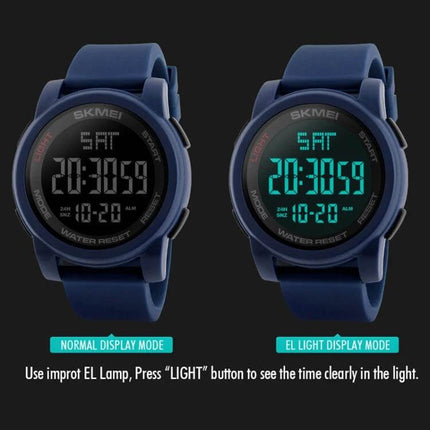 SKMEI Men's Outdoor Waterproof Digital Sports Watch blue digital display showing time and EL backlight