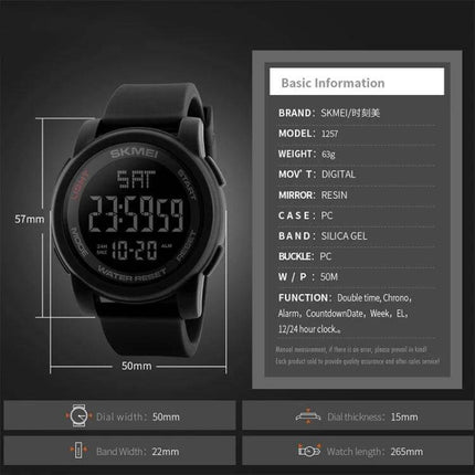 SKMEI Men's Outdoor Waterproof Digital Sports Watch black digital display with specifications panel and 50mm dial dimensions