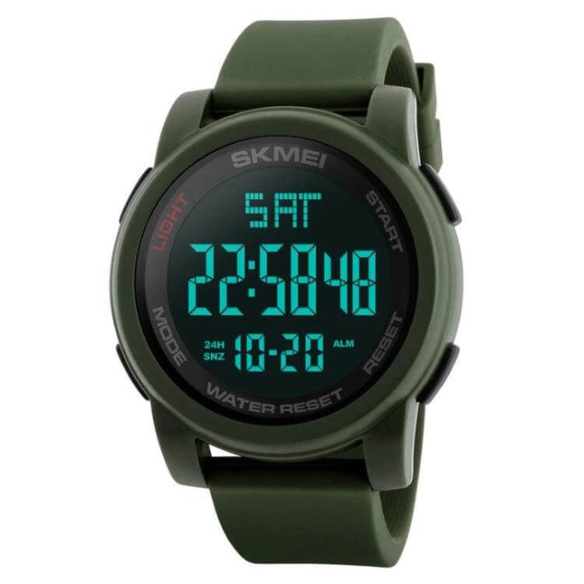 SKMEI Men's Outdoor Waterproof Digital Sports Watch green digital display showing time and date, durable water-resistant design for hikers and swimmers