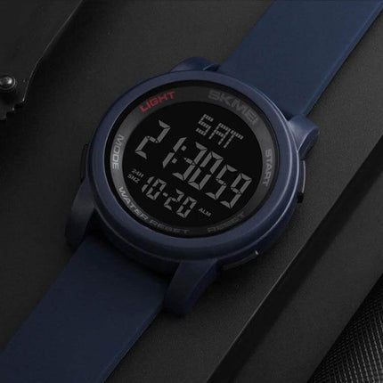 SKMEI Men's Outdoor Waterproof Digital Sports Watch navy digital display showing time and date, waterproof up to 50m, sporty durable design