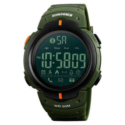 SKMEI Waterproof Bluetooth Smart Watch for Sports and Daily Use green digital sport watch showing time, step and call alert icons