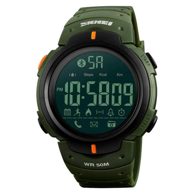 SKMEI Waterproof Bluetooth Smart Watch for Sports and Daily Use green digital sport watch showing time, step and call alert icons