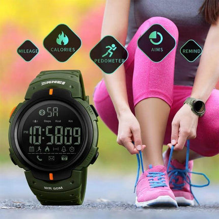 SKMEI Waterproof Bluetooth Smart Watch for Sports and Daily Use - green sports smartwatch showing pedometer, calories, mileage features