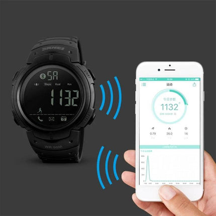 SKMEI Waterproof Bluetooth Smart Watch for Sports and Daily Use showing watch face and smartphone app syncing steps and call alerts