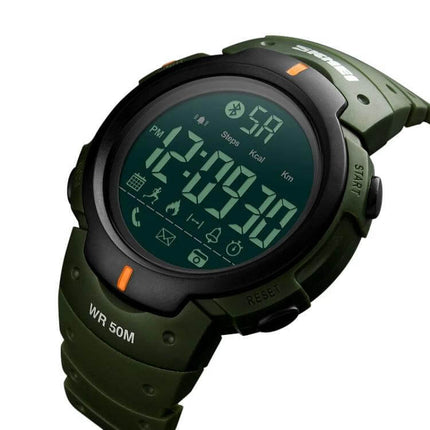 SKMEI Waterproof Bluetooth Smart Watch for Sports and Daily Use - green digital sports watch showing time, step count, call and photo alert icons