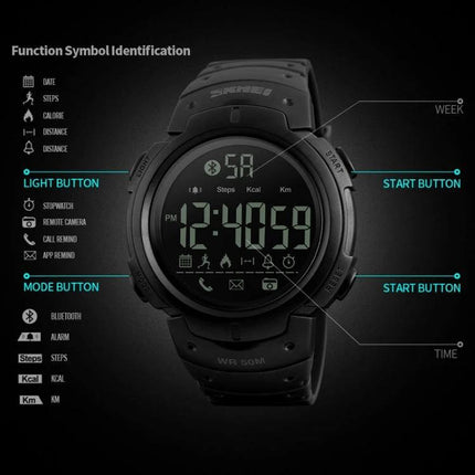SKMEI Waterproof Bluetooth Smart Watch for Sports and Daily Use black digital sports watch showing buttons and function icons