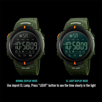 SKMEI Waterproof Bluetooth Smart Watch for Sports and Daily Use - green waterproof sports smartwatch showing normal and EL light display modes