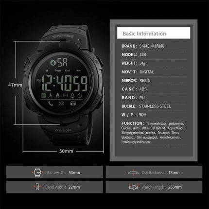 SKMEI Waterproof Bluetooth Smart Watch for Sports and Daily Use black digital sports watch showing dimensions and feature list