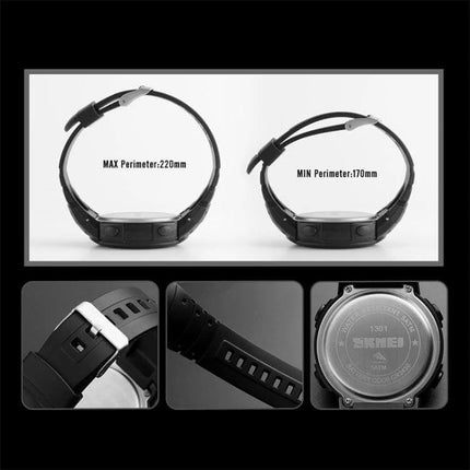 SKMEI Waterproof Bluetooth Smart Watch for Sports and Daily Use - black watch showing max/min wrist perimeter, strap buckle, adjustment holes, and back case