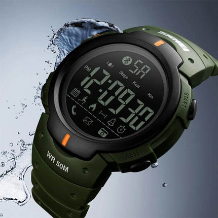 SKMEI Waterproof Bluetooth Smart Watch for Sports and Daily Use - green waterproof fitness smartwatch showing digital display with call and step alerts