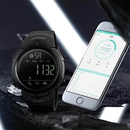 SKMEI Waterproof Bluetooth Smart Watch for Sports and Daily Use - black sports smartwatch showing steps and phone app display