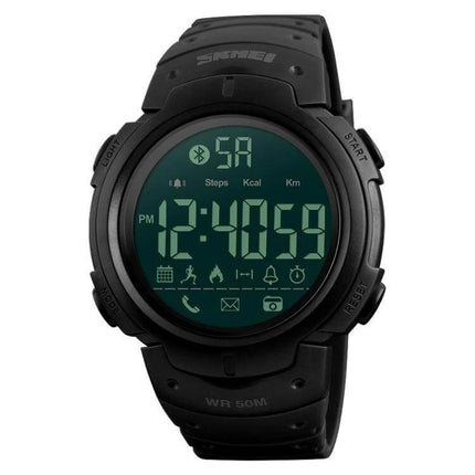 SKMEI Waterproof Bluetooth Smart Watch for Sports and Daily Use - black digital sports smartwatch showing time, steps and Bluetooth icons
