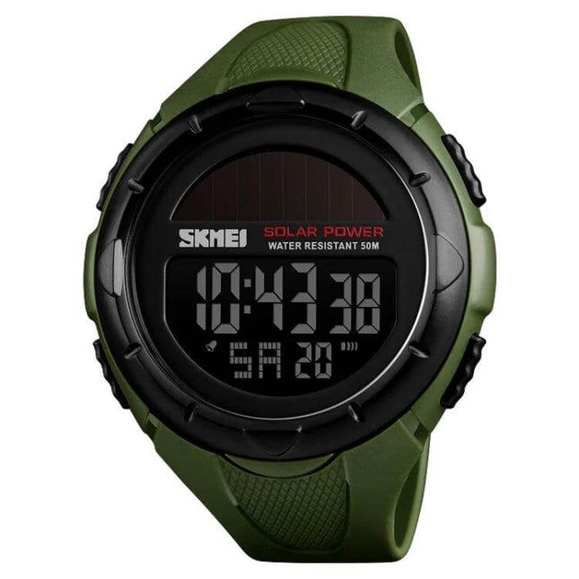 SKMEI Solar Powered Men's Digital Watch for Outdoor Use - green rugged solar digital watch, water-resistant 50m, ideal for hiking and swimming