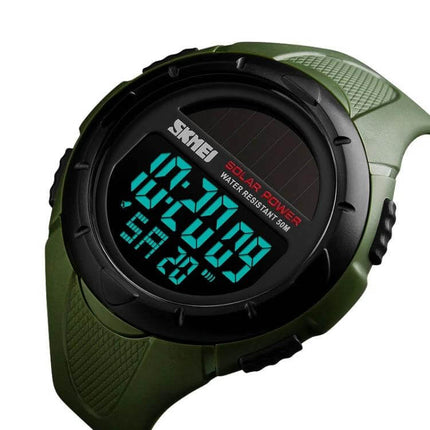 SKMEI Solar Powered Men's Digital Watch for Outdoor Use - green solar digital sports watch, water resistant, alarm and timer