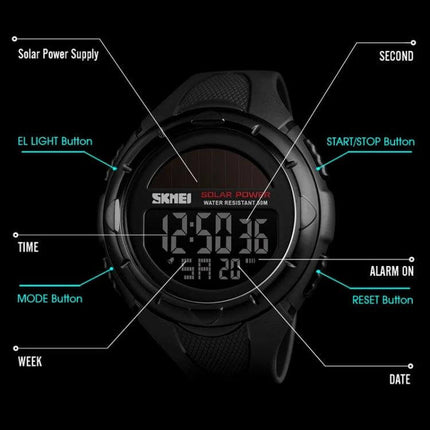 SKMEI Solar Powered Men's Digital Watch for Outdoor Use - black solar digital sports watch with labeled buttons and water-resistant display