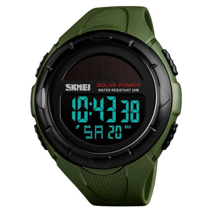 SKMEI Solar Powered Men's Digital Watch for Outdoor Use - green solar digital sport watch, water resistant 50M, ideal for hiking running swimming