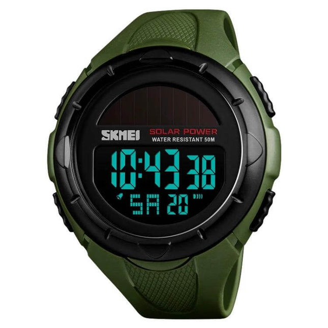SKMEI Solar Powered Men's Digital Watch for Outdoor Use - green solar digital sport watch, water resistant 50M, ideal for hiking running swimming