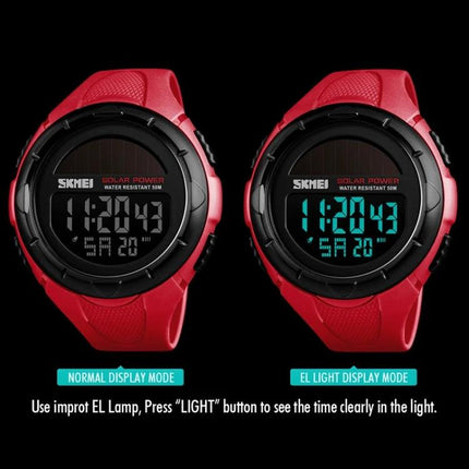 SKMEI Solar Powered Men's Digital Watch for Outdoor Use red digital watch showing normal and EL light display modes
