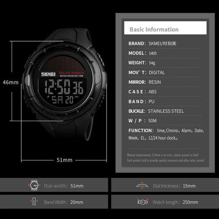 SKMEI Solar Powered Men's Digital Watch for Outdoor Use black digital dial showing time, measurements 46x51mm, 50M water resistant, solar power