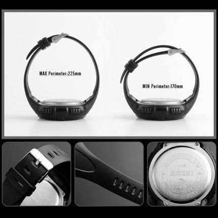 SKMEI Solar Powered Men's Digital Watch for Outdoor Use showing adjustable strap max perimeter 225mm min 170mm and back case details