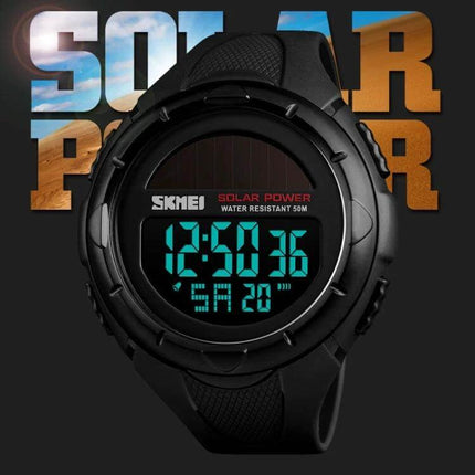 SKMEI Solar Powered Men's Digital Watch for Outdoor Use - black solar digital watch showing time, water resistant, ideal for hiking running swimming