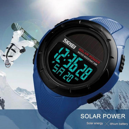 SKMEI Solar Powered Men's Digital Watch for Outdoor Use - blue solar digital sports watch, water resistant for hiking running swimming