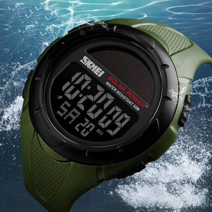 SKMEI Solar Powered Men's Digital Watch for Outdoor Use - green waterproof solar digital sports watch with large LCD display