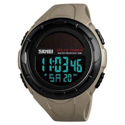 SKMEI Solar Powered Men's Digital Watch for Outdoor Use - rugged solar digital sports watch, water resistant 50M, teal LCD time display