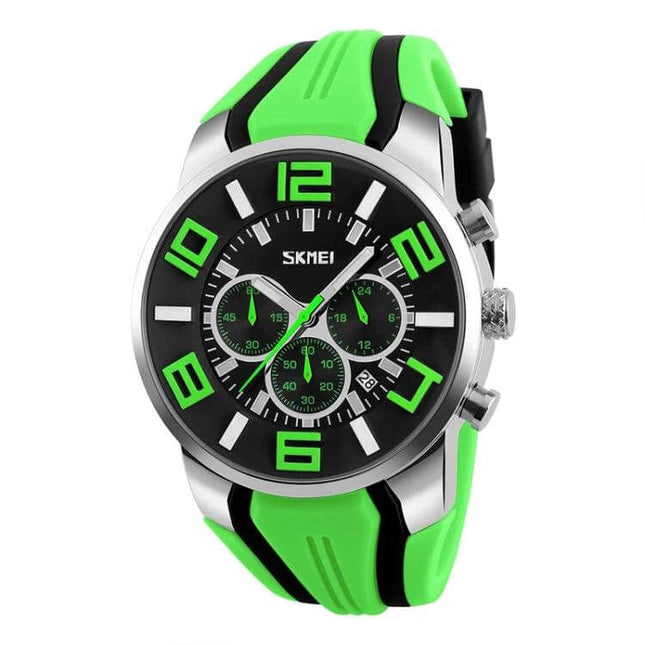 SKMEI Multifunctional Sports Wristwatch for Everyday Water Activities - green and black sporty chronograph with 24-hour timer and date