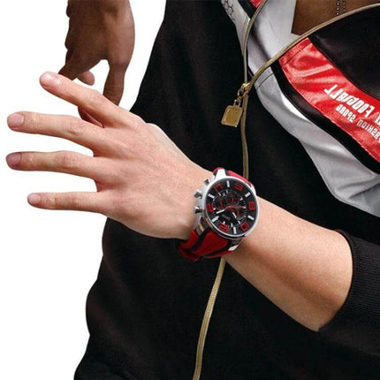 SKMEI Multifunctional Sports Wristwatch for Everyday Water Activities on model wrist with red and black strap, chronograph and date display