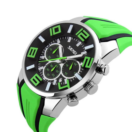 SKMEI Multifunctional Sports Wristwatch for Everyday Water Activities bright green silicone strap chronograph watch angled product shot