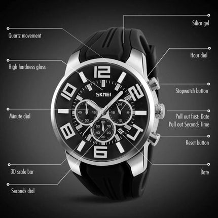 SKMEI Multifunctional Sports Wristwatch for Everyday Water Activities - black dial chronograph with silicone strap, date, 24-hour and stopwatch features