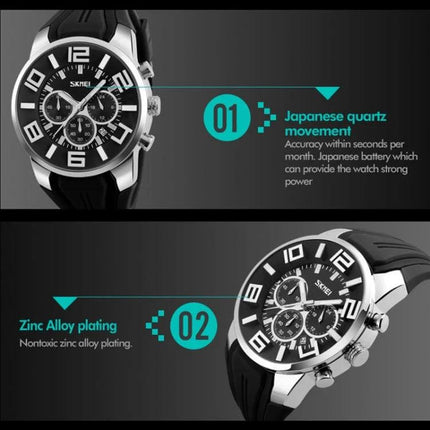 SKMEI Multifunctional Sports Wristwatch for Everyday Water Activities showing black dial, chronograph subdials, Japanese quartz movement and zinc alloy plating