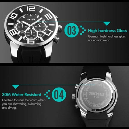 SKMEI Multifunctional Sports Wristwatch for Everyday Water Activities showing dial, chronograph subdials and 30M water resistant back