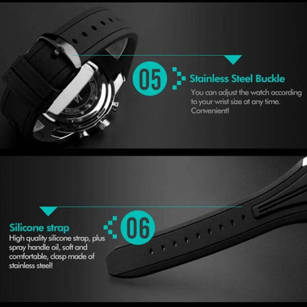 SKMEI Multifunctional Sports Wristwatch for Everyday Water Activities showing stainless steel buckle and silicone strap close-up