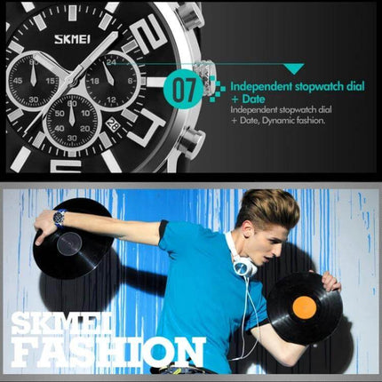 SKMEI Multifunctional Sports Wristwatch for Everyday Water Activities - close-up chronograph dial and lifestyle model wearing watch