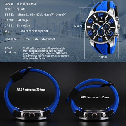 SKMEI Multifunctional Sports Wristwatch for Everyday Water Activities blue silicone sports watch showing dimensions and 30m water resistance