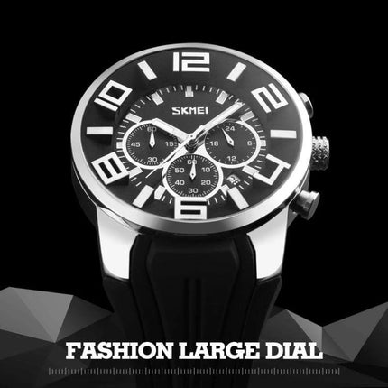 SKMEI Multifunctional Sports Wristwatch for Everyday Water Activities showing large black dial, chronograph subdials, and durable black strap