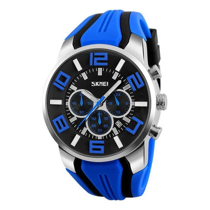 SKMEI Multifunctional Sports Wristwatch for Everyday Water Activities - blue black chronograph silicone strap, date display, 24-hour timer
