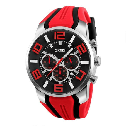 SKMEI Multifunctional Sports Wristwatch for Everyday Water Activities red black chronograph watch with date and 24-hour timer